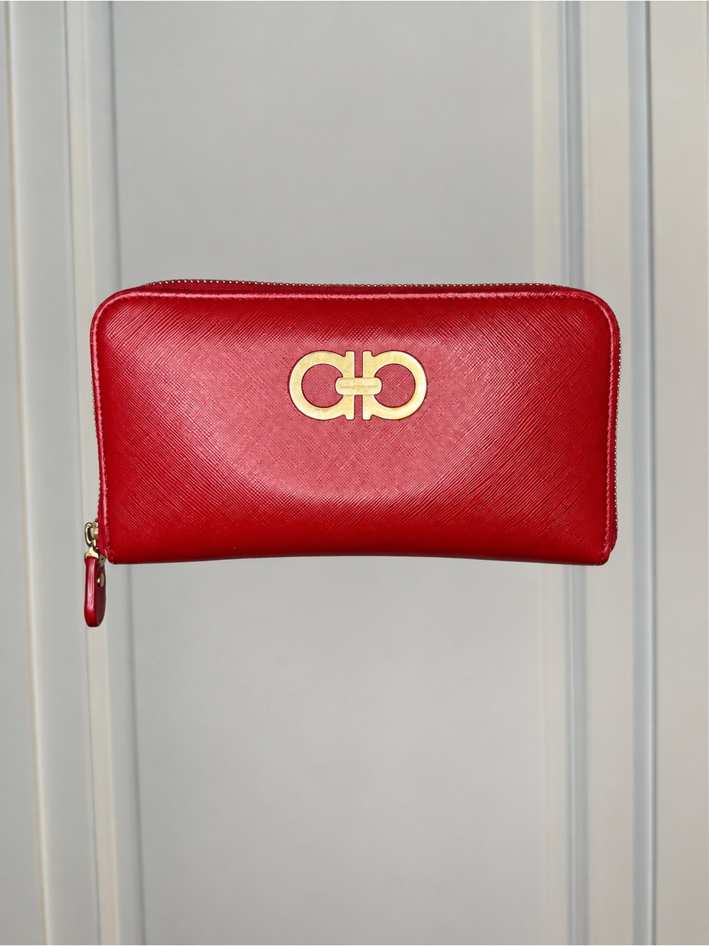 Salvatore Ferragamo Red Gancini Leather Zip Wallet